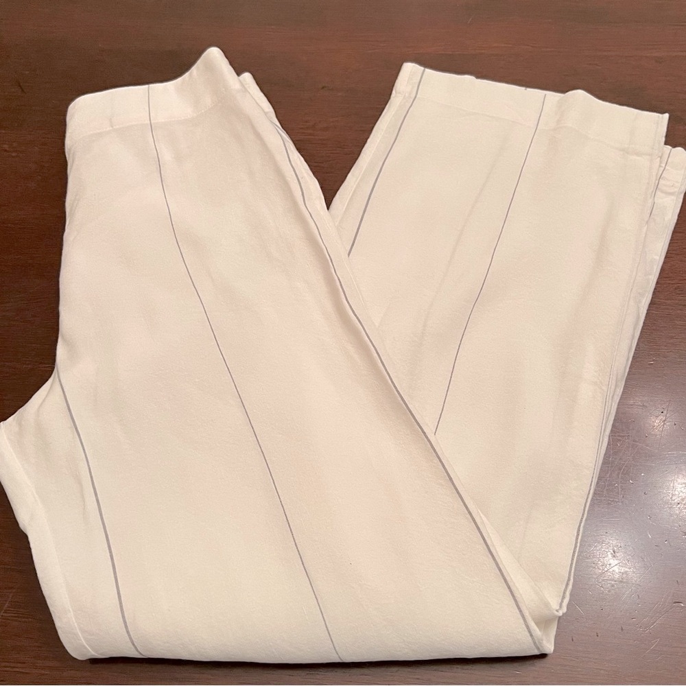 Crea Concepts Cream Striped Wide Leg Linen Trousers With Elastic Waist